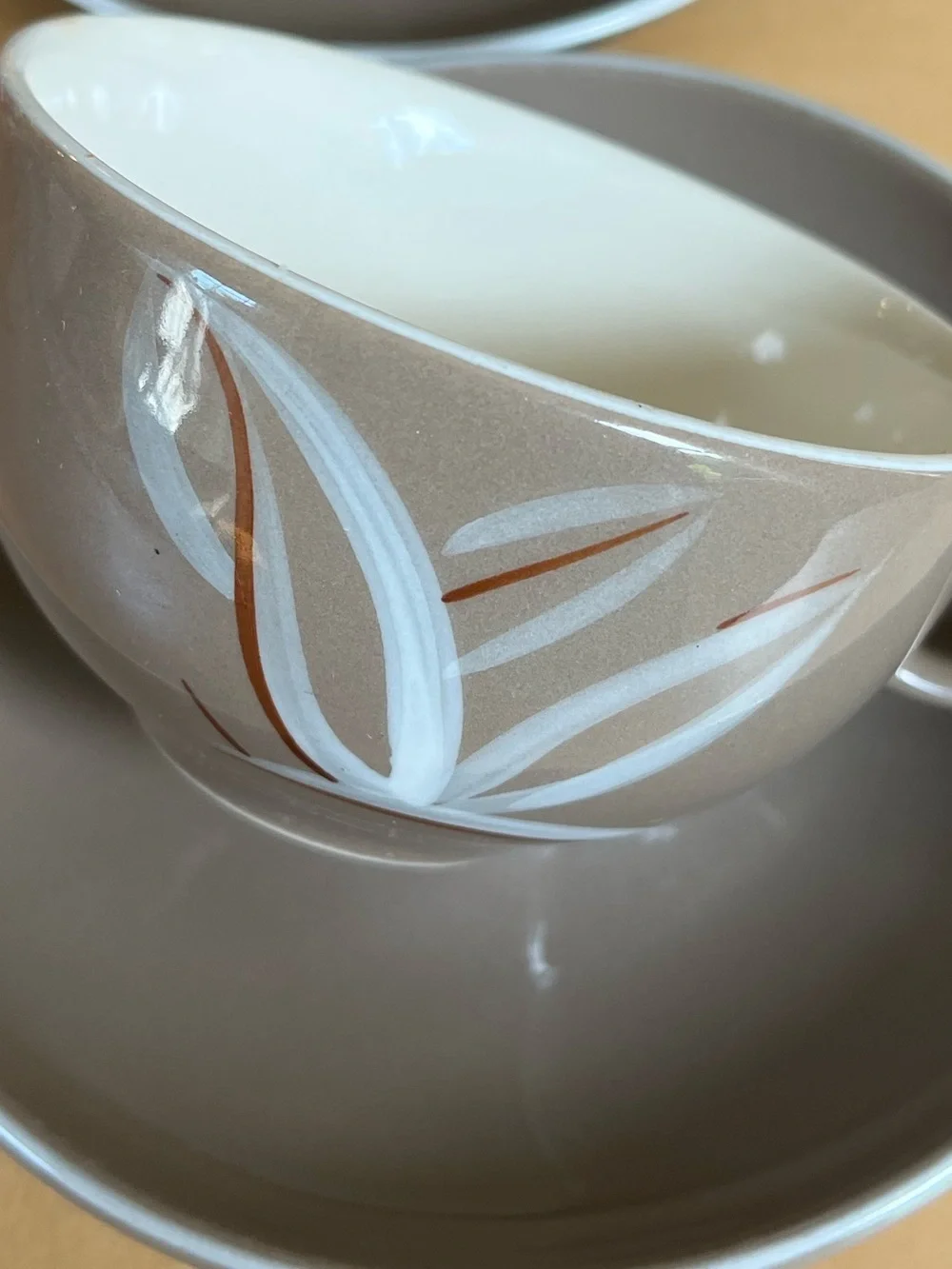 California Winfield Handcrafted Tea Cups and Saucers White Leaf Motif Set of 2